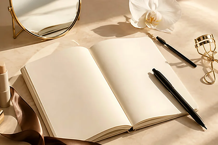 an open notebook, mirror and lash curler on cream silk